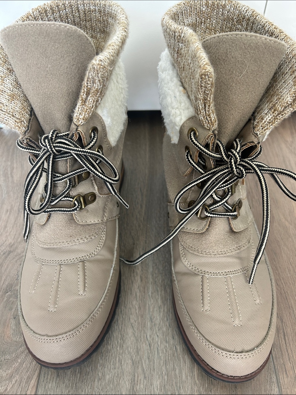 Rock & Candy Taupe Lace-Up Winter Boots with Sherpa Trim